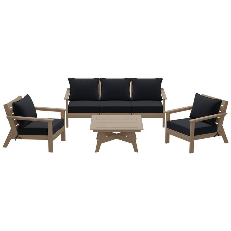 Birchwood All Weather HDPE Outdoor Patio Weathered Wood Deep Conversation Set (6-Piece Set)