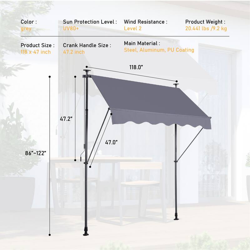 Manual Retractable Awning - 118 Inch Outdoor Sun Shade Cover with UV Protection, Adjustable Patio Door Window Canopy