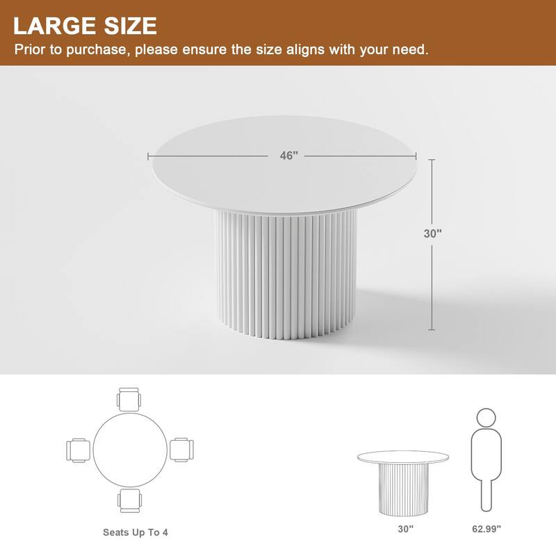 Modern Round Wooden Dining Table - 46" Diameter, Fluted Base, Natural Oak Finish for Dining Room