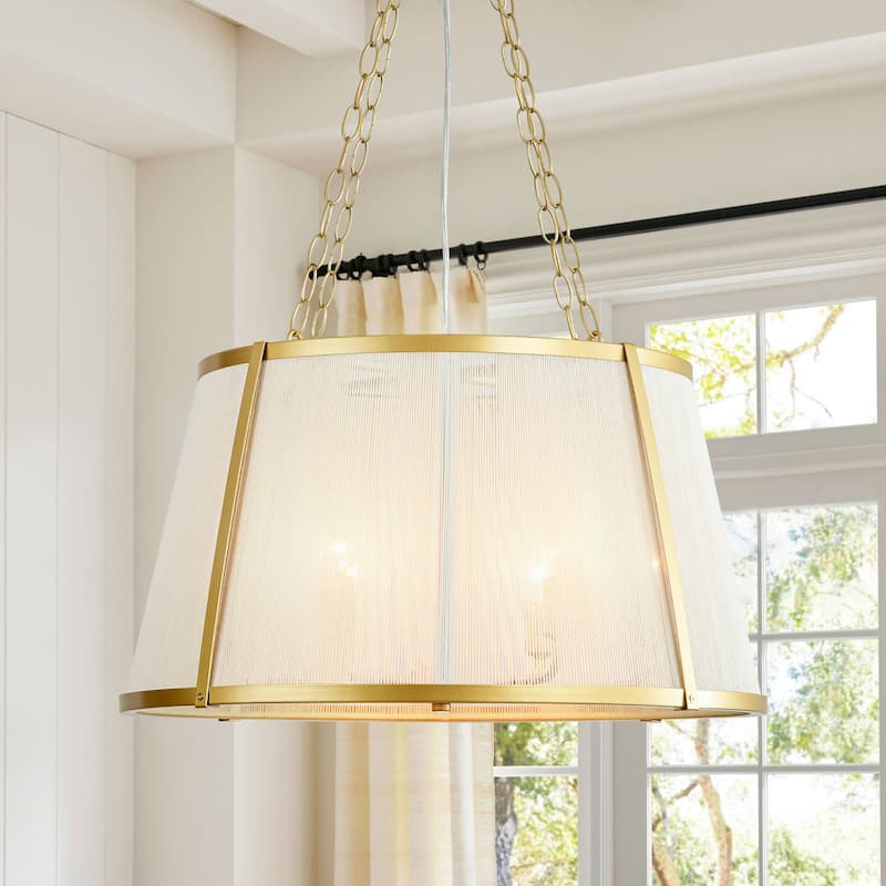 6-Light Modern Boho Drum Hand Woven Ivory Rope Gold Chandelier for Living Room - 23.6 in. W x 13.3 in. H - 23.6 in. W x 13.3 in. H - Brushed Brass