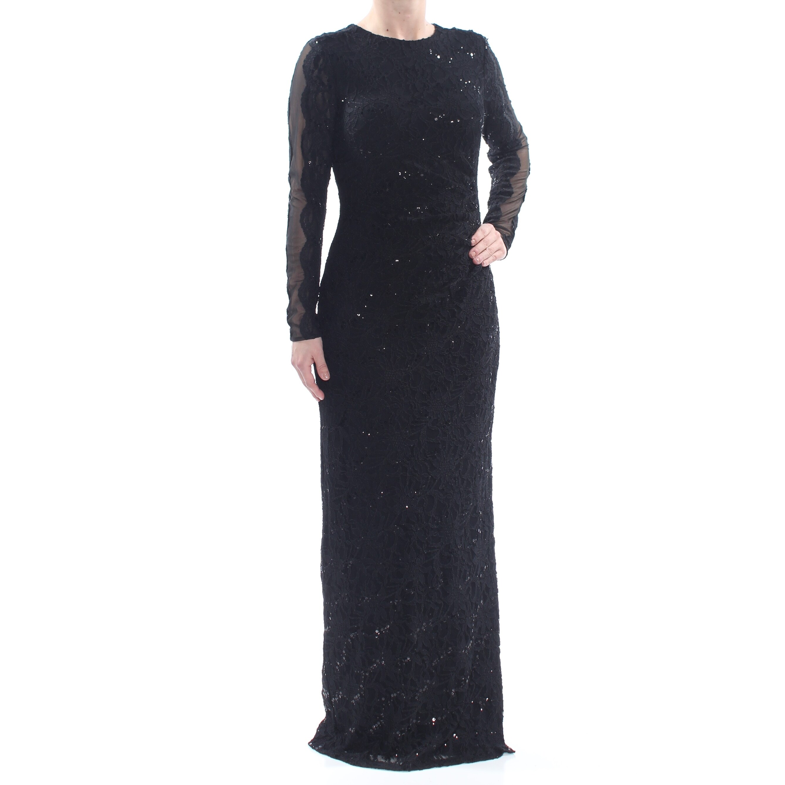 Ralph Lauren Womens Black Lace Sequined Sheer Floral Long Sleeve Jewel Neck Full Length Formal Dress Size 6
