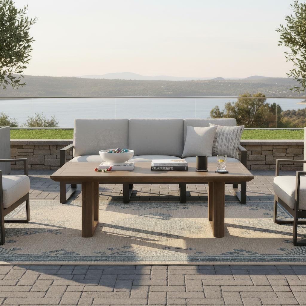 Baily Outdoor Cocktail Coffee Table, 49 Inch Woodlike Brown Metal