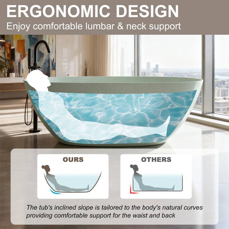Luxury Solid Surface Freestanding Soaking Bathtub with Center Drain and Pop-up Drain, Modern Beige Tub with Overflow