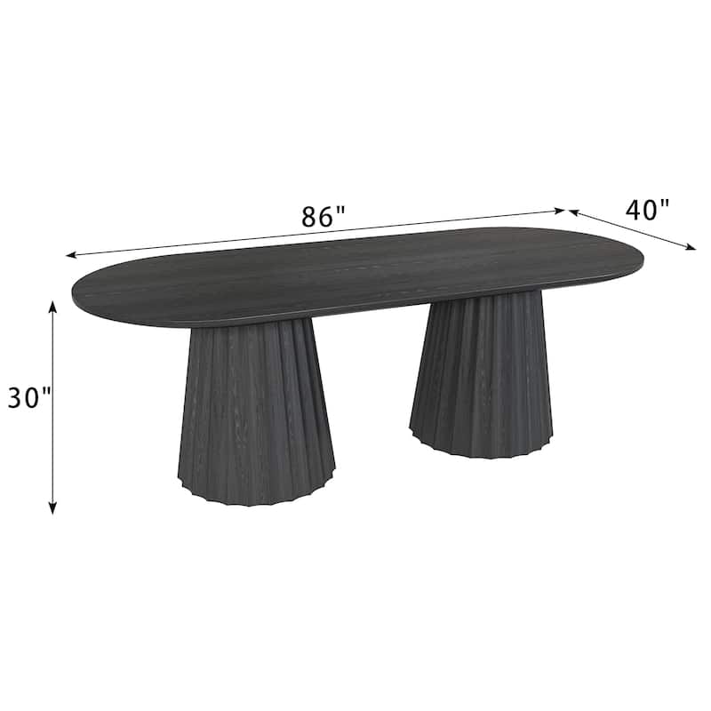 86" Modern Oval Dining Table Set with 8 Upholstered Chairs Textured Wood Top & Dual Pleated Pedestal Base