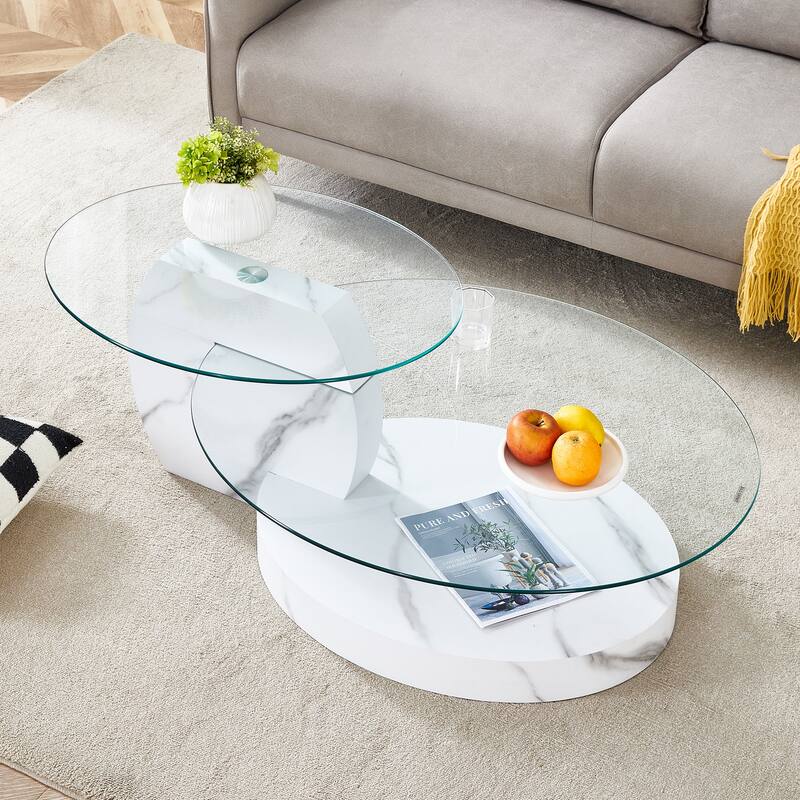 Roomfitters Double Layer Coffee Table with White Marble and Wood Grain Finish, Artistic Modern Design