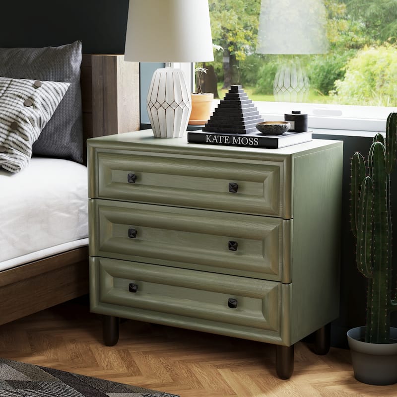 COZAYH Modern Geometric Dresser with Textured Frame Fronts, Contemporary Nightstand Featuring Rounded Pillar Pine Wood Legs - 3-drawer