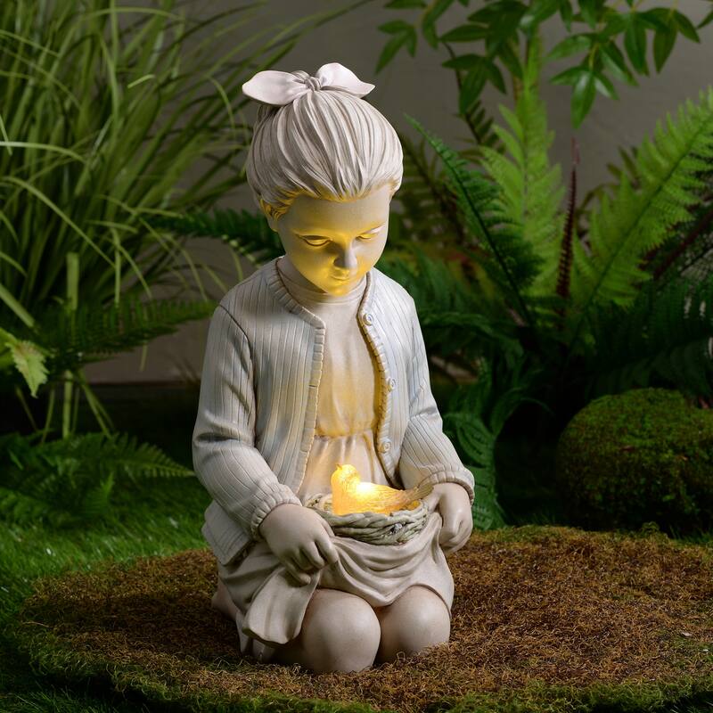 LED Solar Powered Sitting Girl with Bird Nest Outdoor Garden Statue - 16"
