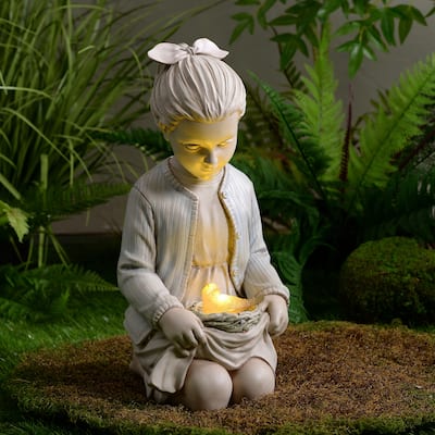 LED Solar Powered Sitting Girl with Bird Nest Outdoor Garden Statue - 16"