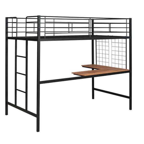 slide 2 of 24, Industrial Style Twin Size Metal Loft Bed with Desk and Metal Grid Black