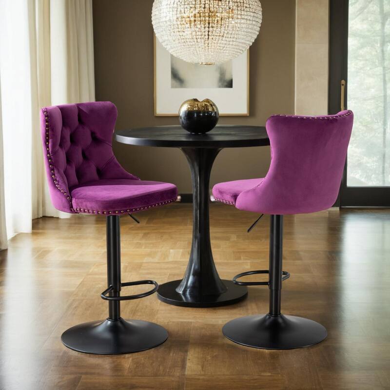 Swivel Velvet Barstools Adjusatble Seat Height from 25-33 Inch,17.7inch base,Upholstered Bar Stools with Tufted Backs - Purple