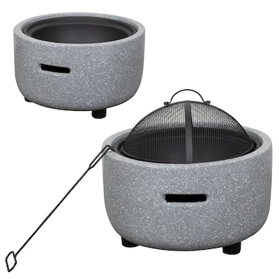 Contemporary Gray Stone Firepit with Lid and Wood Poker
