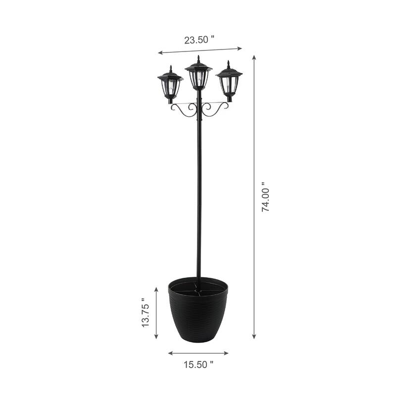 Glitzhome 6FT Solar 3-Head Lamp Street Light with Planter Pot - Black