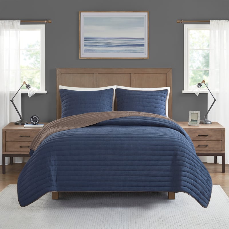Madison Park Cameron 3 Piece Crinkled Microfiber Quilt Set - Navy - King - Cal King