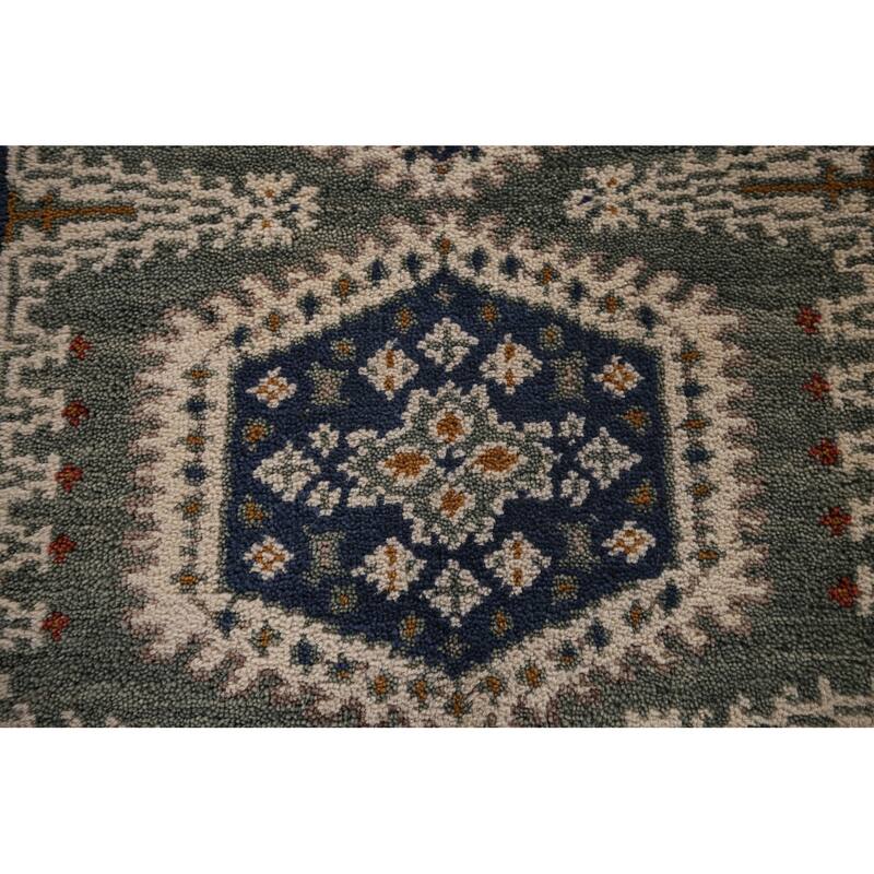 Green Geometric Viss Oriental Runner Rug Handmade Wool Carpet - 2'6"x 8'1"