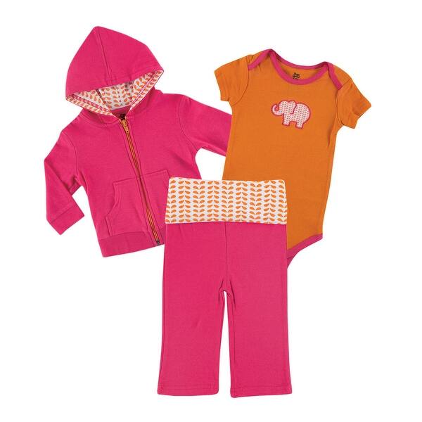 slide 1 of 1, Yoga Sprout Baby and Toddler Girl Cotton Hoodie, Bodysuit or Tee Top, and Pant, Pink Elephant Baby 0-3 Months - Pink Elephant Baby