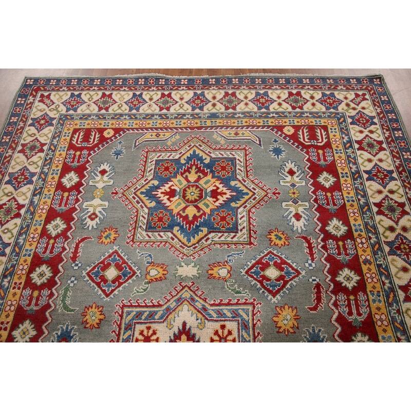Hand Knotted Oriental 100% Wool Carpet Traditional Geometric Greys & Charcoal Kazak Area Rug - 9' 10'' X 6' 9''