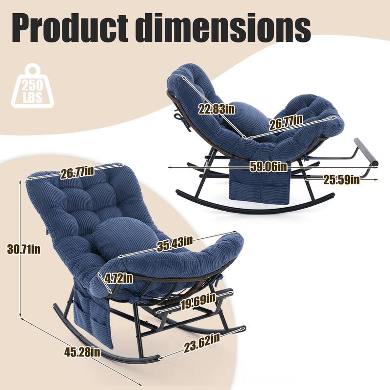HOMEFUN Corduroy Upholstered Egg Shaped Design Steel Frame Rocking Chair with Side Pocket and Foot Pedal
