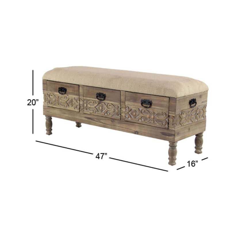 Wood Floral Intricately Carved Storage Bench with Cream Burlap Top - Brown - Roche River Decor - 16"W x 47"L x 20"H