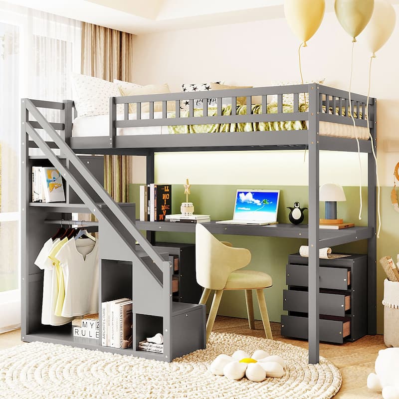 Multi-Functional Loft Bed with Storage Space by Harper&Bright Designs - Grey - Twin