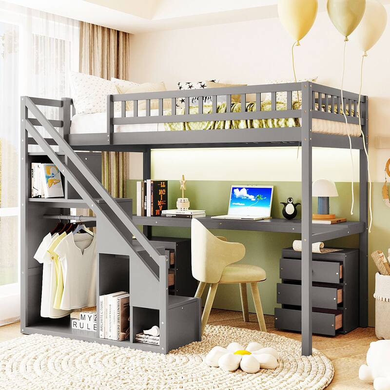 Twin Size Loft Bed with Two Chest of Drawers, Desk and Light Strip, Gray