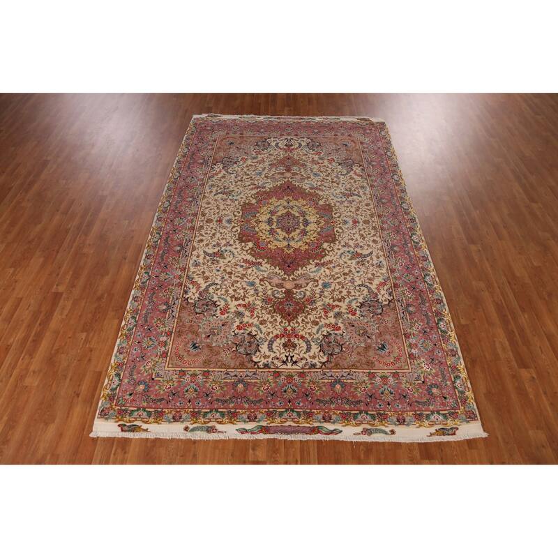 Hand Knotted Oriental Wool & Silk Carpet Traditional Floral Beige & Ivories Tabriz Area Rug - 10' 4'' X 6' 6''