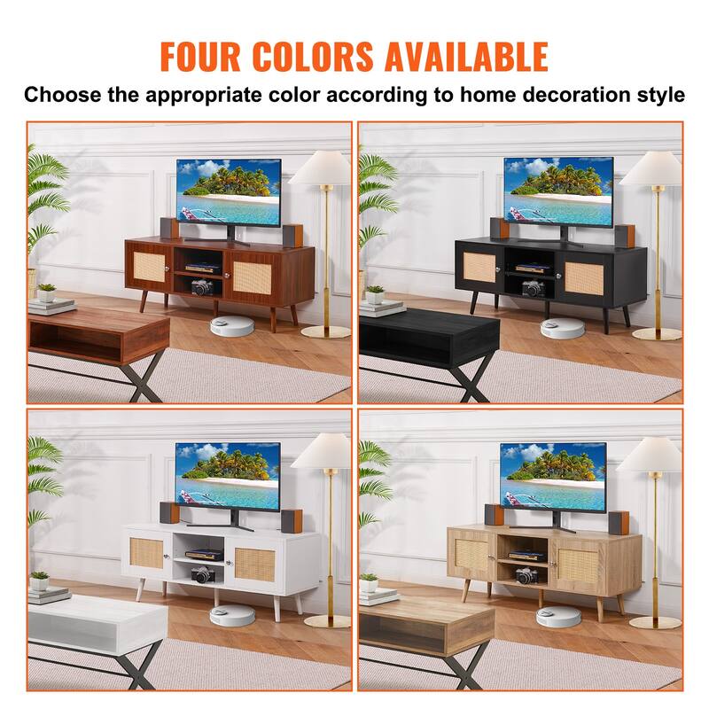 Rattan TV Stand, Mid Century Modern TV Stand, Boho Rattan TV Cabinet with Build-in Socket and USB Ports, Adjustable Shelfs
