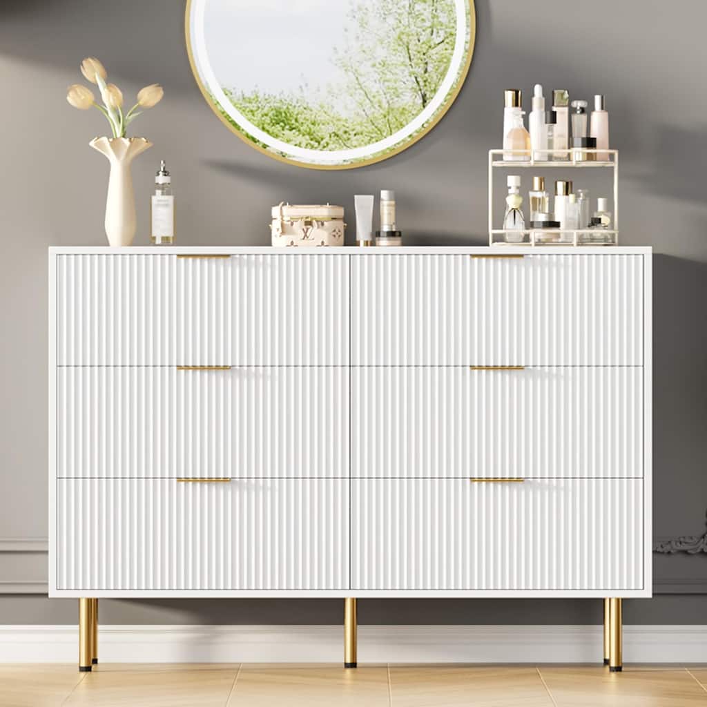6 Drawer Fluted Dresser for Bedroom, Modern Wooden Storage Chest with Gold Handles
