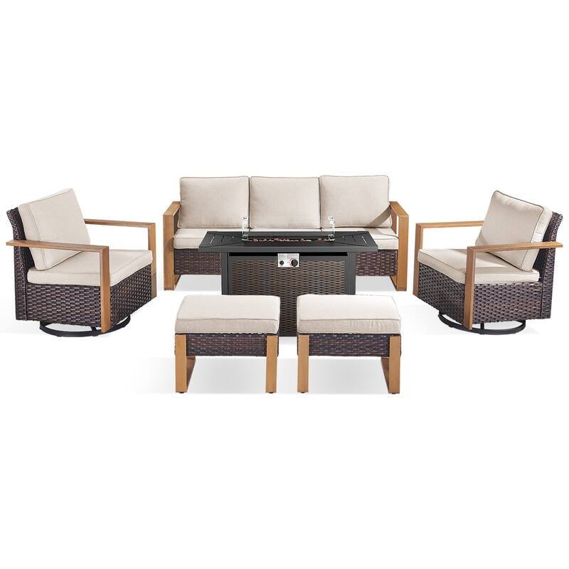 Meyreso Wicker Outdoor Patio Metal Fire Pit Set with Swivel Gliders & 4.5" Olefin Cushions