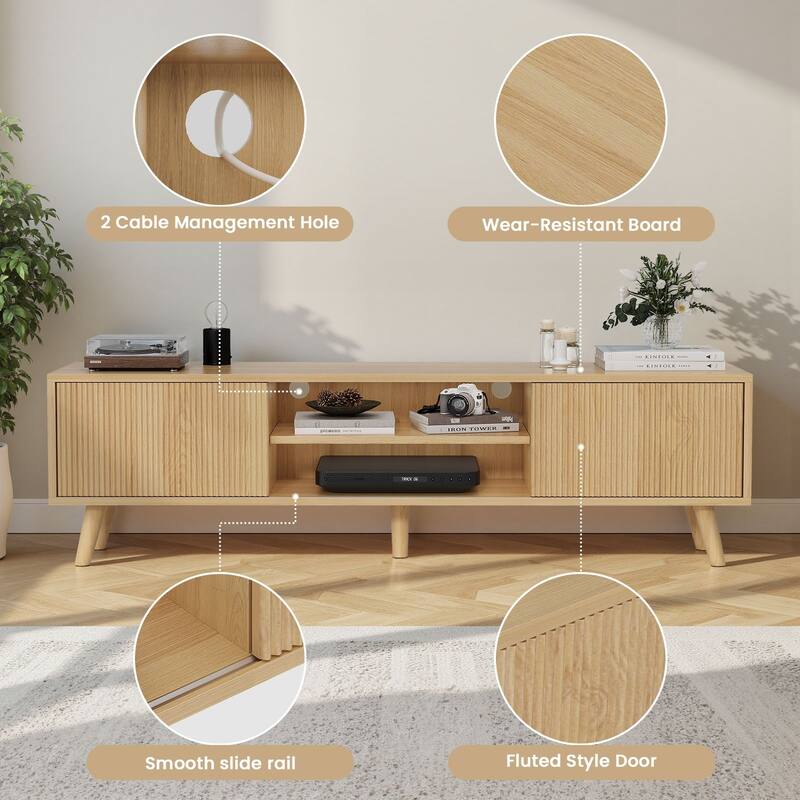 Meyreso 63" Modern Wood TV Stand with Sliding Doors, LED Lighting, and Adjustable Shelf - 64 inches in width