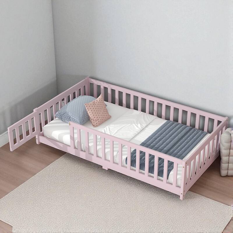 Twin Size Floor Bed with Fence and Door, Rubber Wood Frame with Safety Guardrails - Pink - Twin