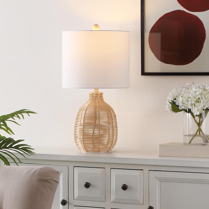 SAFAVIEH Lighting Oroya Tropical Coastal Boho Rattan 23-inch Table Lamp - 12 in. W x 12 in. D x 23 in. H - Light Natural