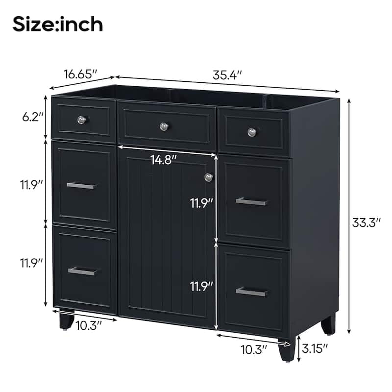 Roomfitters 36" Bathroom Vanity Cabinet, Modern Storage with Soft-Close Doors and Drawers, Black