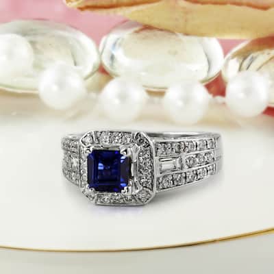 Auriya 18k Gold Art Deco 3/4ct Princess Sapphire and 1 3/8ctw Halo Diamond Engagement Ring (F-G, I1-I2)