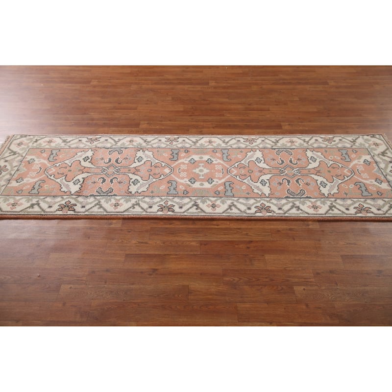Floral Peach Oushak Style Runner Rug Hand-knotted Wool Carpet - 2'7"x 8'2"