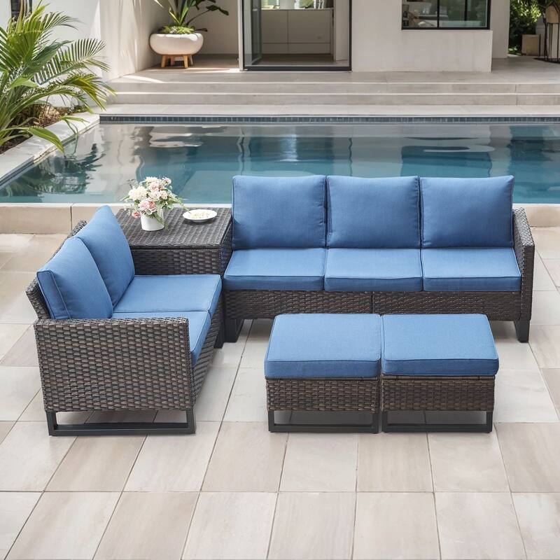 Gymojoy 5 Person All-Weather Wicker Outdoor Patio Sofa Set With Cushions And Ottoman - Brown Wicker / Blue Cusion - 5-Piece