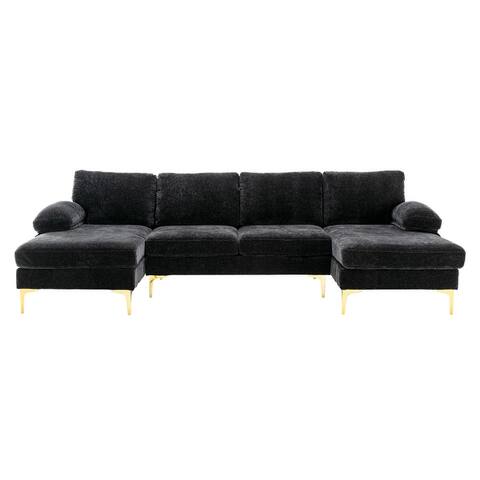 U-shape Sleeper Sofa Living Room Furniture Chenille Fabric Sectional Sofa with Pillow Top Arms Chaise and Iron Feet Support