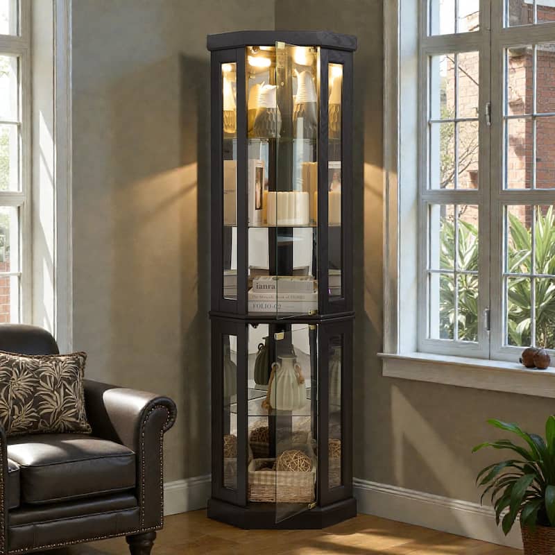 Lighted Corner Curio Cabinet with Glass Doors, Tall Display Case with Mirrored Back for Living Room