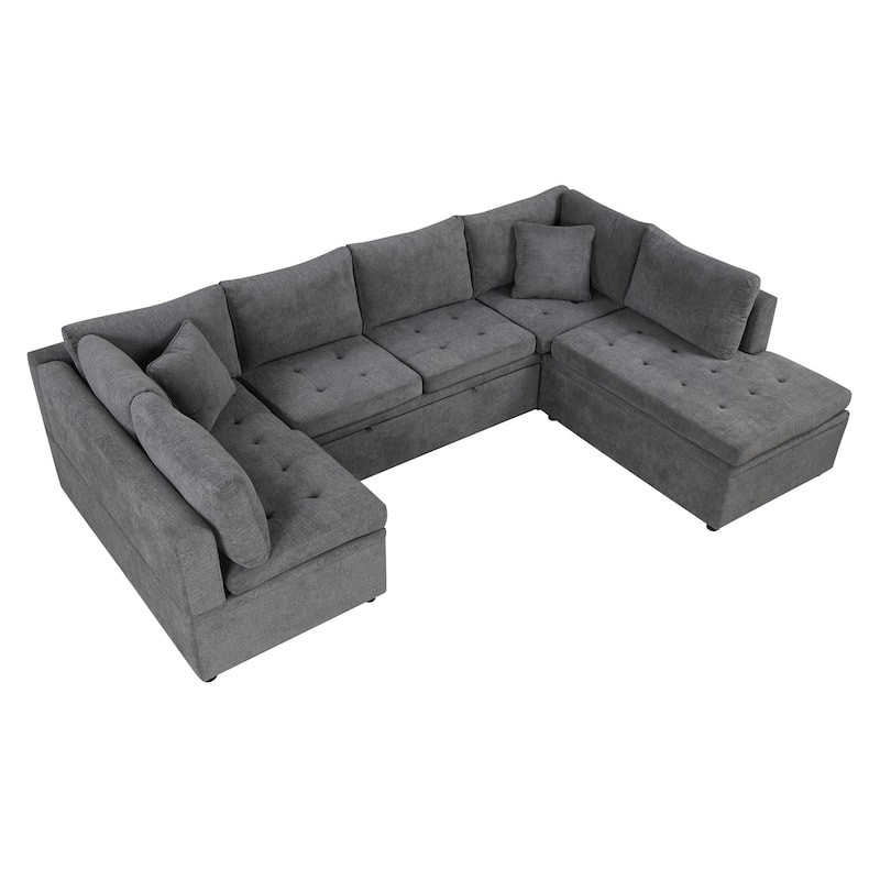 117.3" Oversized U-shaped Pull-out Sofa Bed, Gray Chenille, 2 Pillows