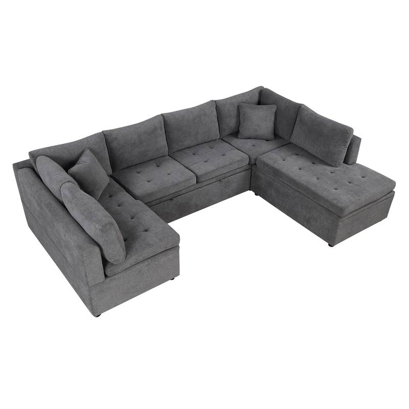 Grey 117" U-Shaped Oversized 6-Seater Sectional Sofa with Chaise, Pull-Out Bed, and 2 Detachable Throw Cushions for Comfort