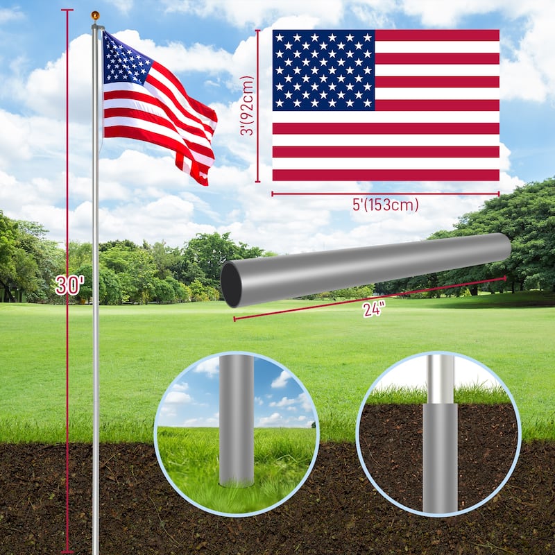 30 Feet Sectional Aluminum Extra Thick Flagpole Kit for Ideal for Outside House - N/A