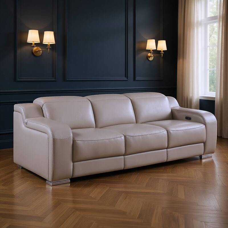 HomeRoots 103" Black Italian Leather Reclining USB Sofa - Light Gray