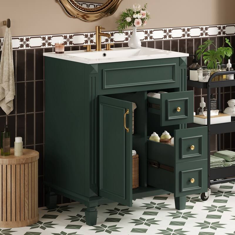 24" Bathroom Vanity With Ceramic Sink,Small Bathroom Sink Cabinet,Modern Cabinet With 2 Drawers And Adjustable Shelf