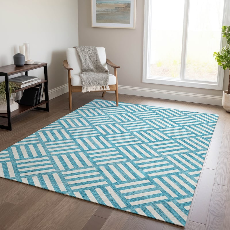 Machine Washable Indoor/ Outdoor Chantille Geo Contemporary Rug - Teal - 9' x 12'