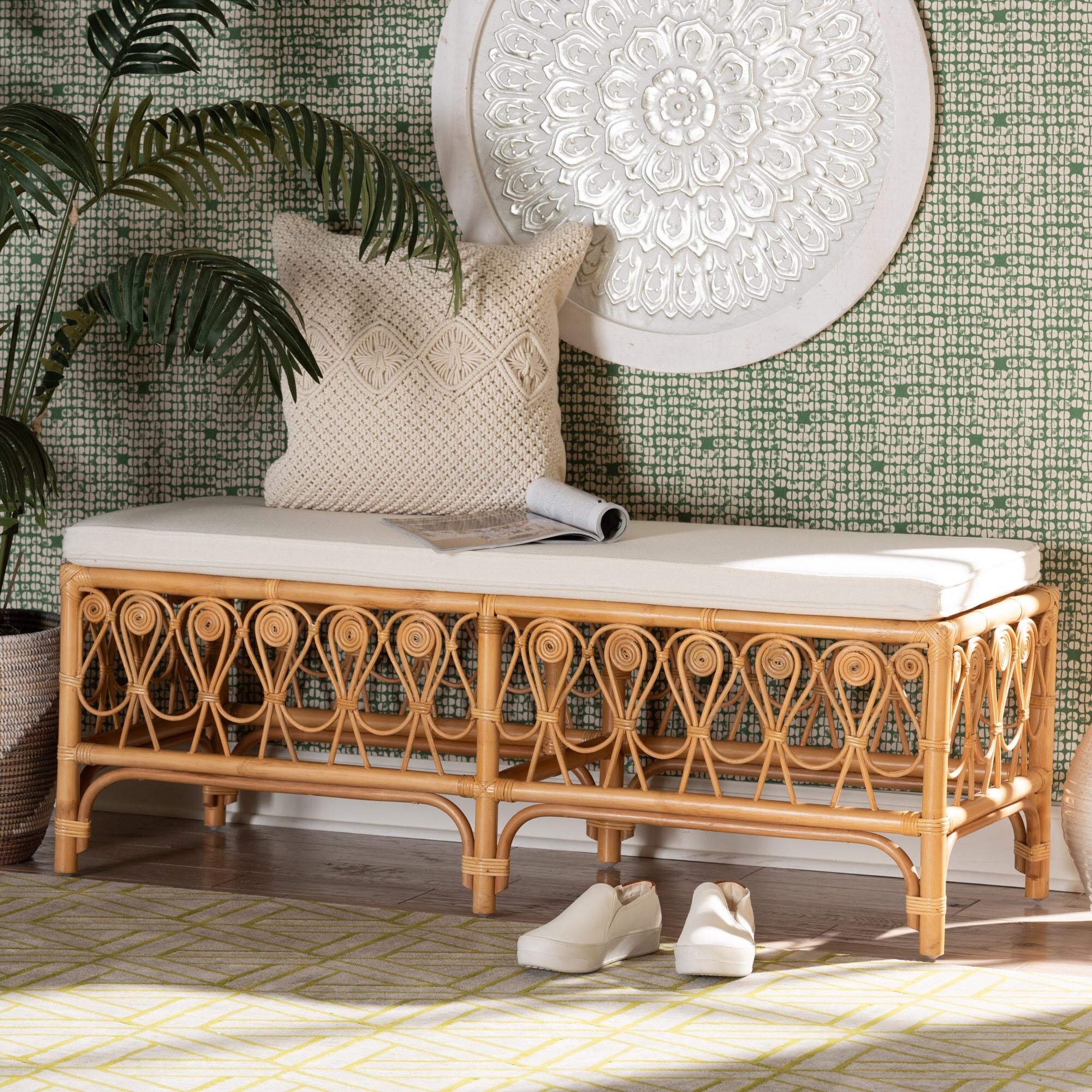 Brown rattan store bench