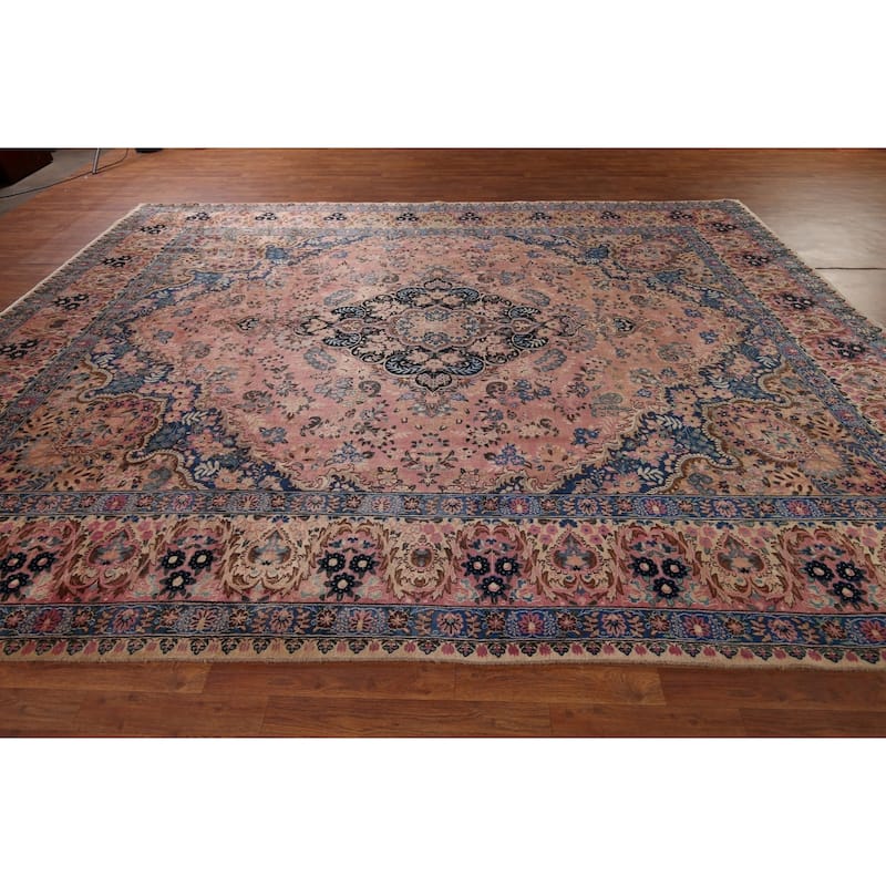 Vegetable Dye Pink Yazd Vintage Persian Area Rug Handmade Wool Carpet - 9'7" x 12'5"