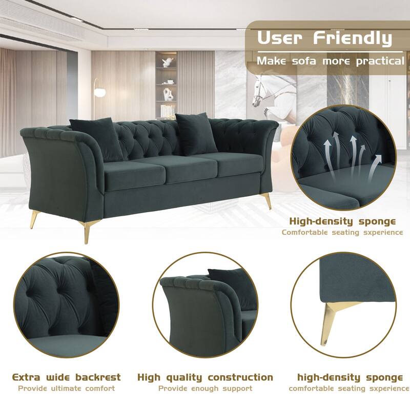 Mid-century Velvet Fabric Tufted Chesterfield 3-Seater Sofa