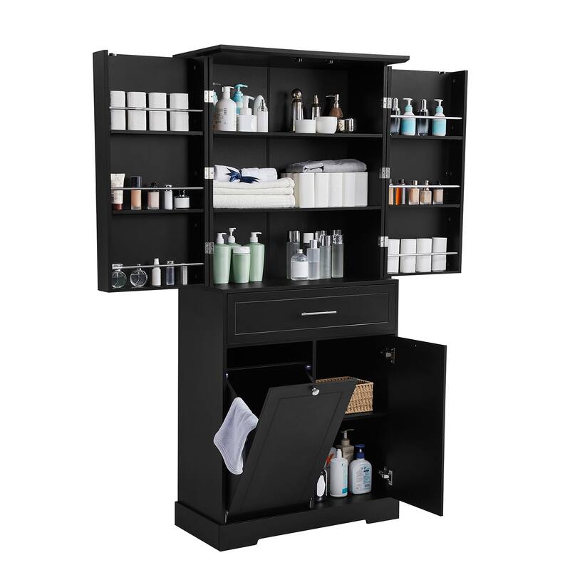 Freestanding Bathroom Storage Cabinet with Doors & Drawers, Tilt-Out Laundry Hamper, Adjustable Shelf, Multiple Storage Spaces