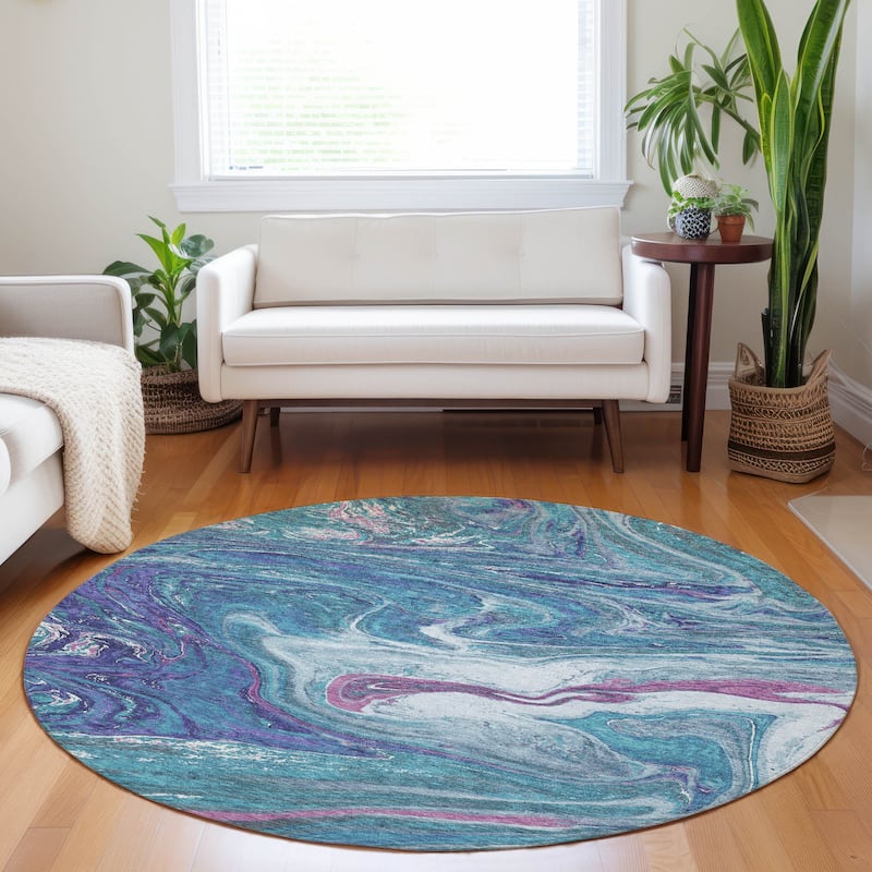 Machine Washable Indoor/ Outdoor Abstract Brushstroke Chantille Rug - Teal - 8' x 8'