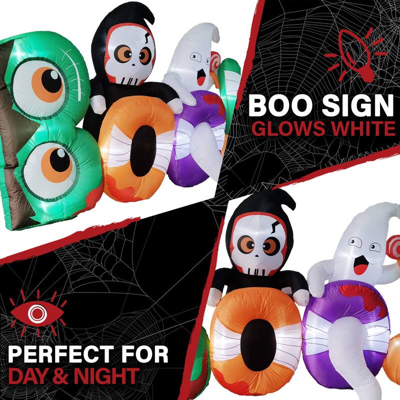 Haunted Hill Farm 8-ft. Wide Prelit Inflatable Boo Sign with Reaper and Ghost