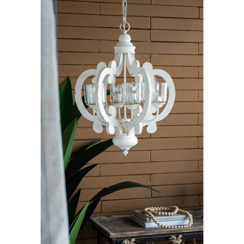 6-Light Wood Chandelier Pendant Light Fixture with Adjustable Chain for Living Room, Exquisite Cream Chandelier Lighting - Cream